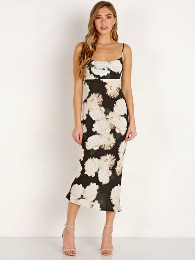 Flynn Skye Daisy Black Y2k 90's Inspired Slip Midi Dress With Cream Floral Print